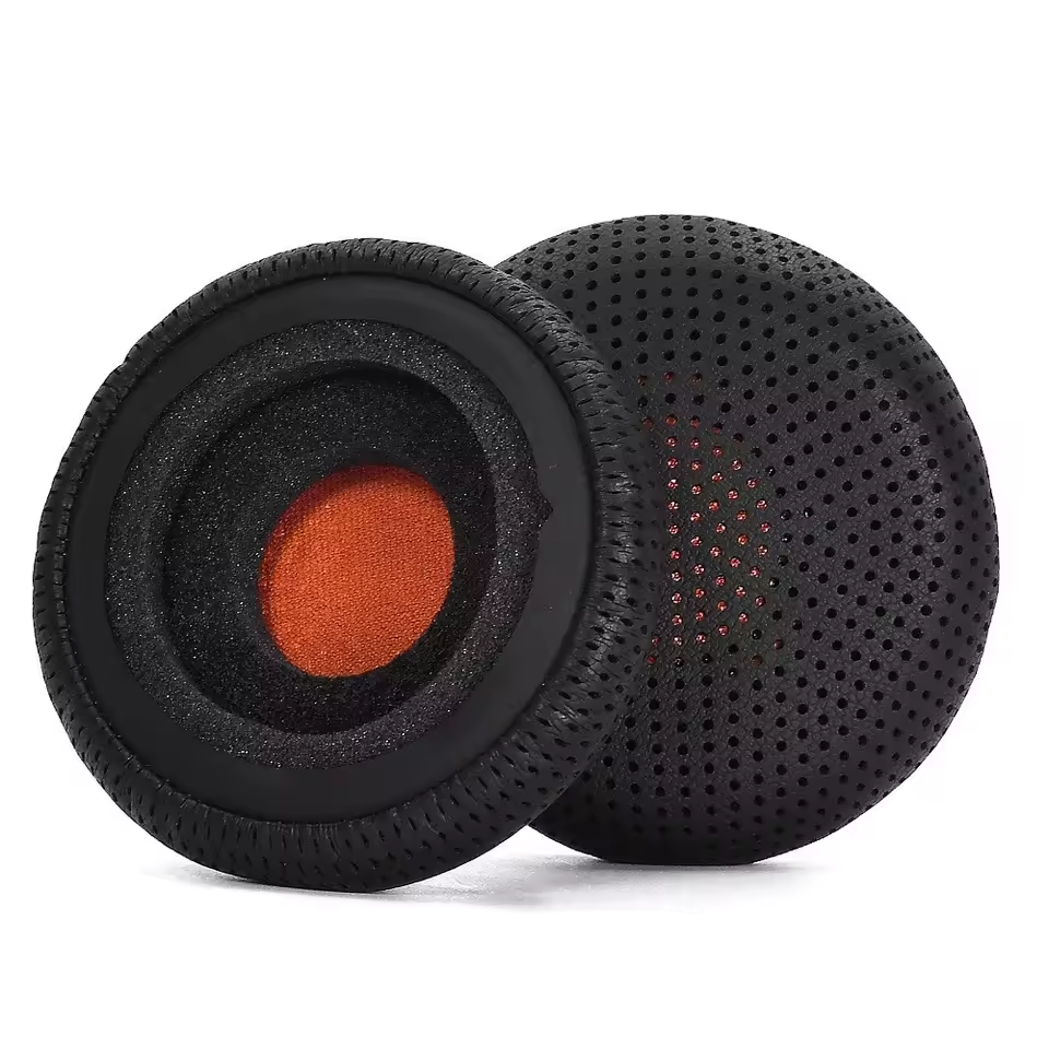 Seller listing image showing two black perforated replacement cushions, one turned over to reveal foam and an orange fabric center.