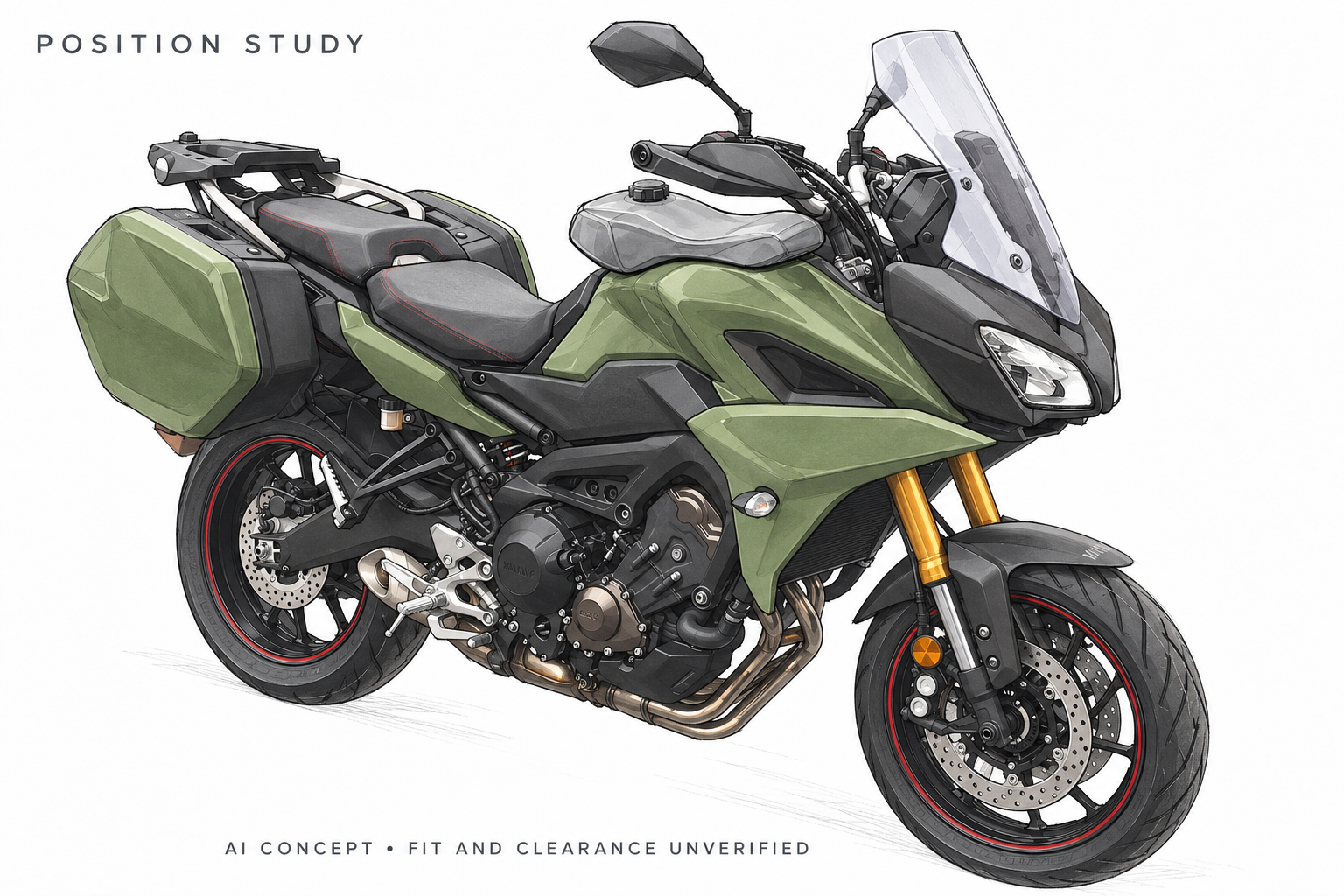 Drawn positioning study of an older-generation Tracer 900 GT in green, with one shallow gray hypothetical reservoir above the original tank and ahead of the rider seat.