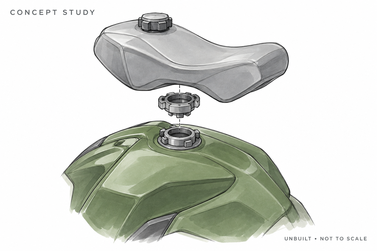 Nonrealistic exploded concept sketch of a gray auxiliary reservoir above a green motorcycle tank, with a top cap and a central quick-coupling interface.