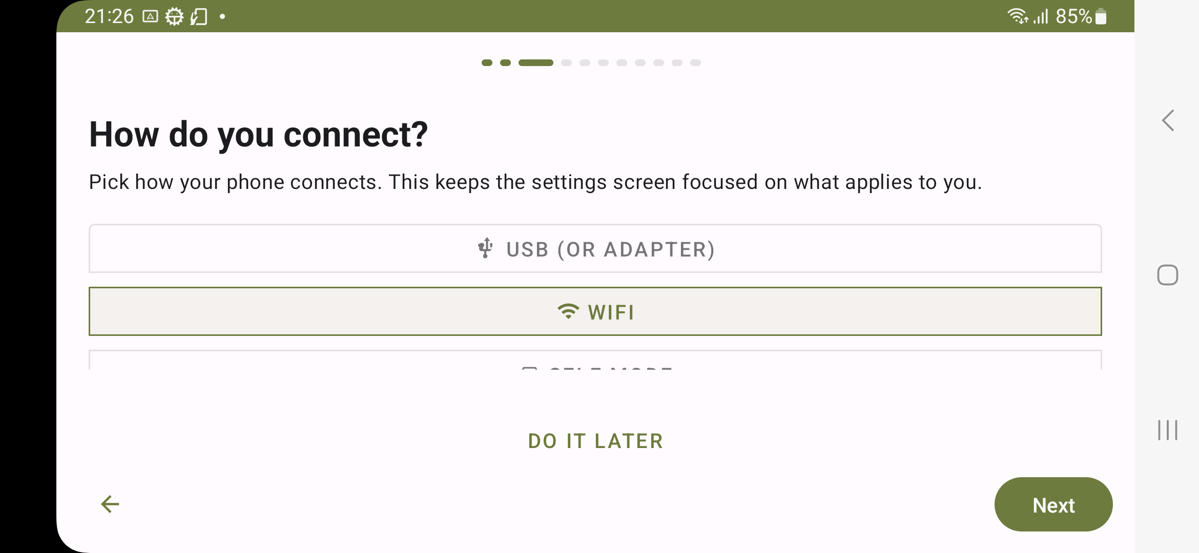 Screenshot of the Open Headunit setup wizard on the XCover, with the Wi-Fi connection selected.
